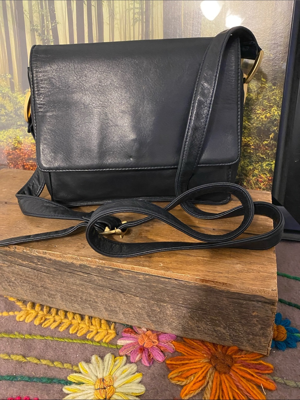 Lord & Taylor Black Leather Crossbody with Gold-Tone Hardware, normal wear